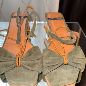 Olive Green Suede Bow Slingback Heels - Women's Shoes